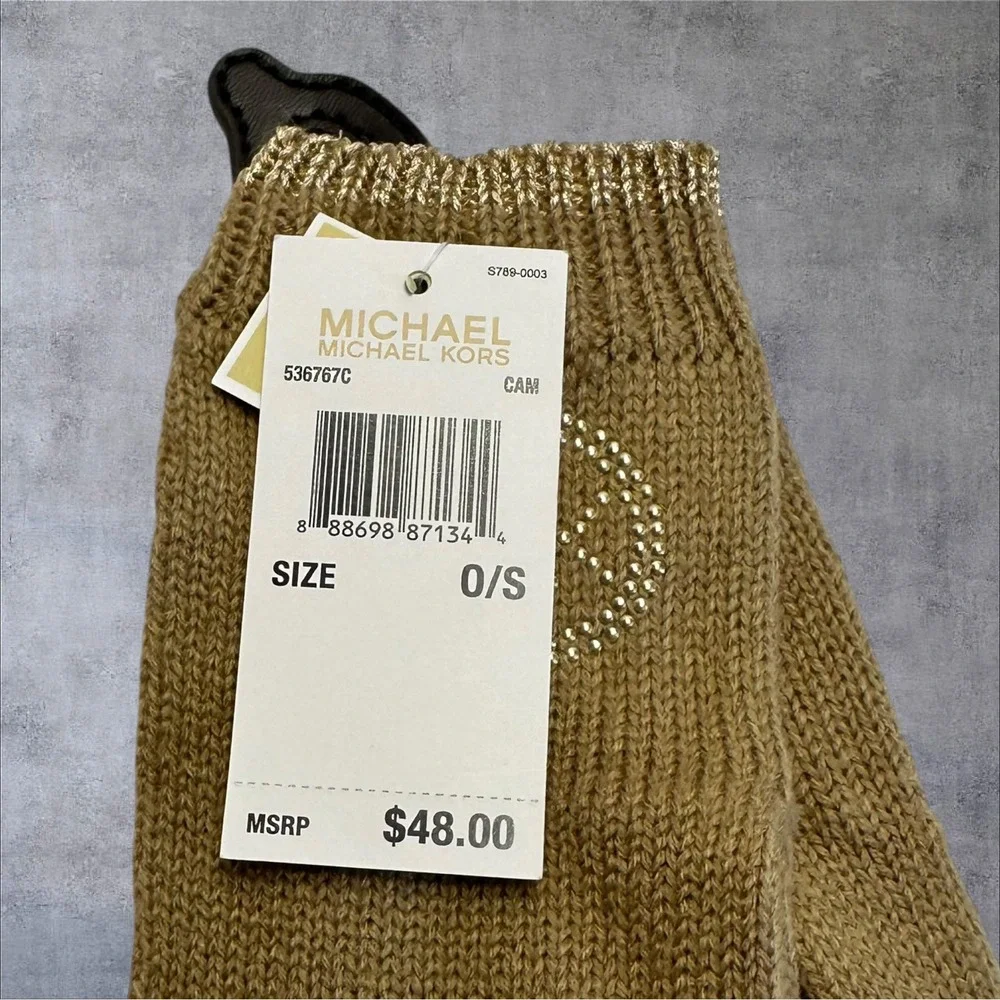 Michael‎ Kors Tech Gloves Womens O/S Camel New Rhinestone Logo Knit Touchscreen